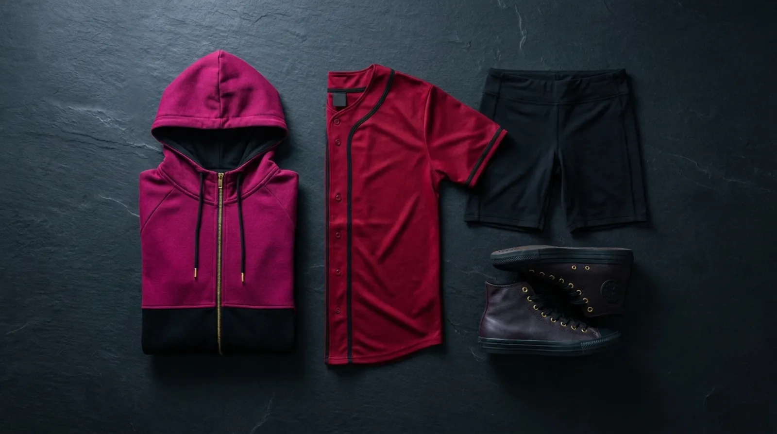 Hisoka Morow merch apparel flat lay with magenta hoodie, jersey, and sneakers