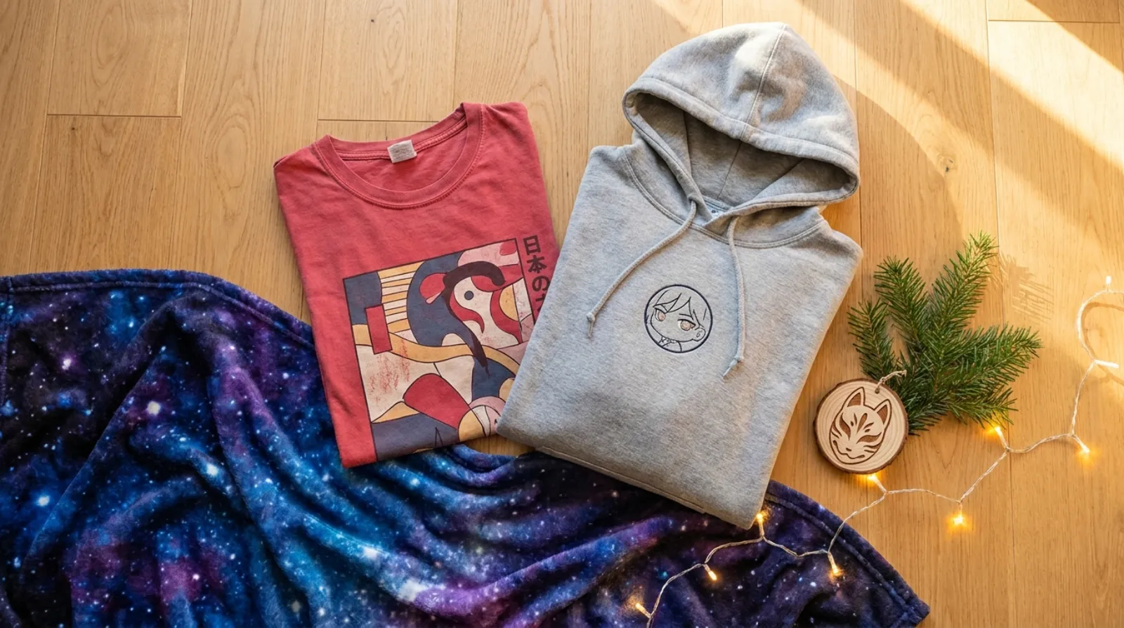 Inuyasha merch flat lay with vintage tee, hoodie, and galaxy blanket