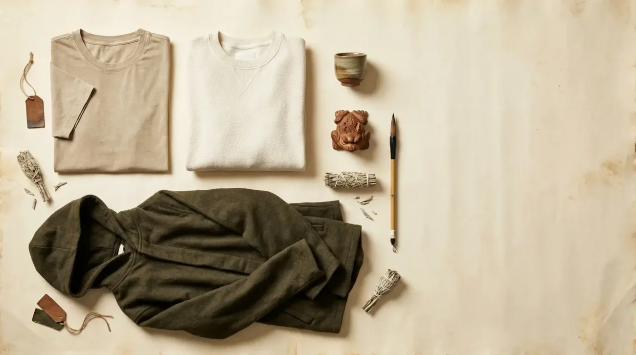 Jiraiya merch warm-toned Naruto apparel flat lay with vintage tee, sweatshirt and sage cloak coat
