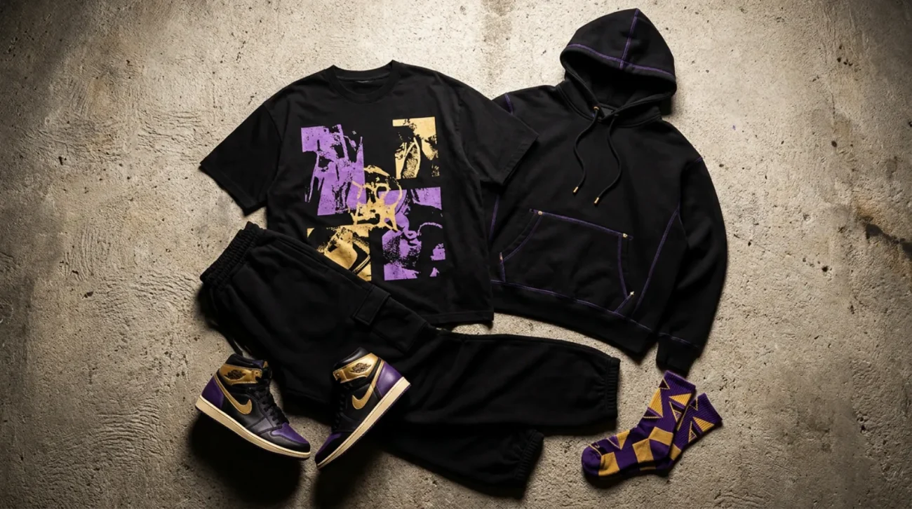 Jotaro Kujo merch flat-lay of JoJo streetwear apparel, shoes, and socks