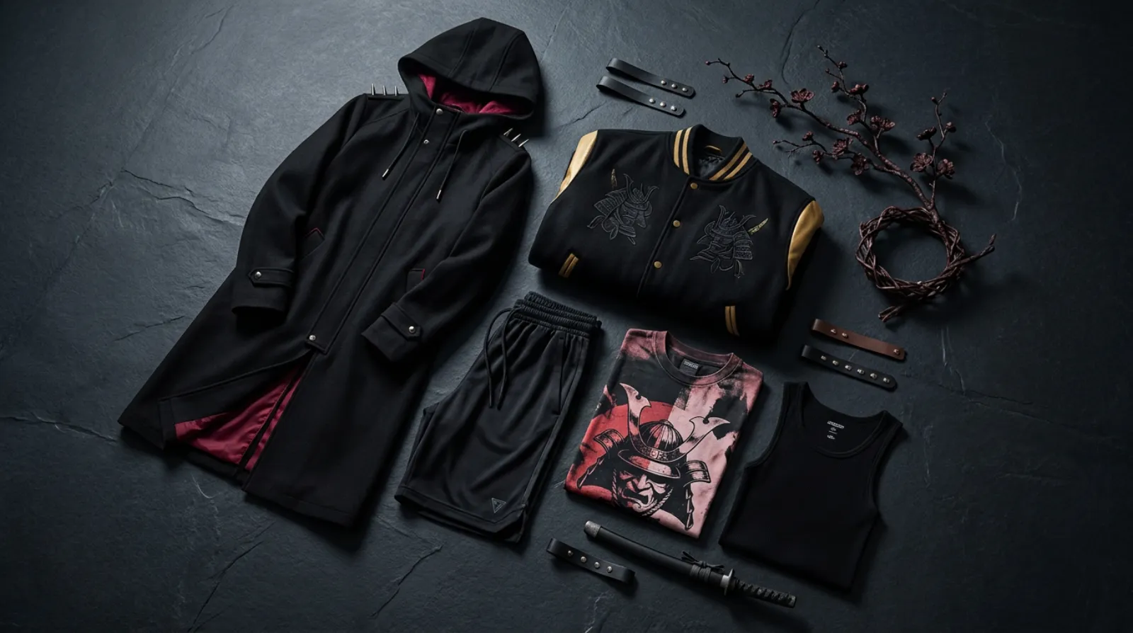Kenpachi Zaraki shirt apparel flat lay in black and crimson with cloak coat and varsity jacket