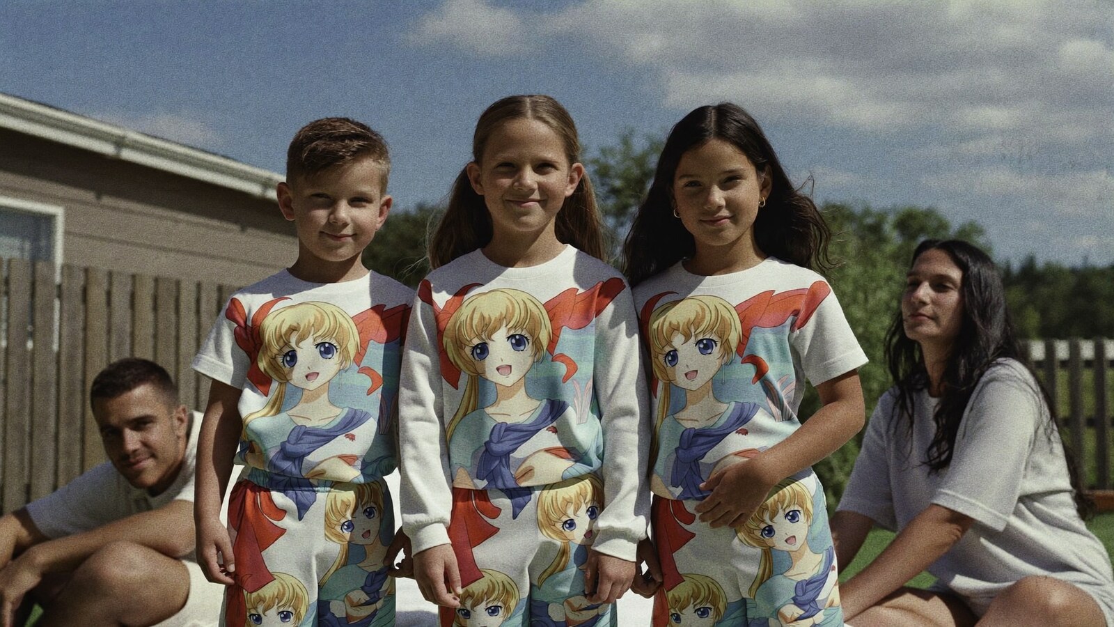 Anime-inspired kids in a social or layered scene with friends