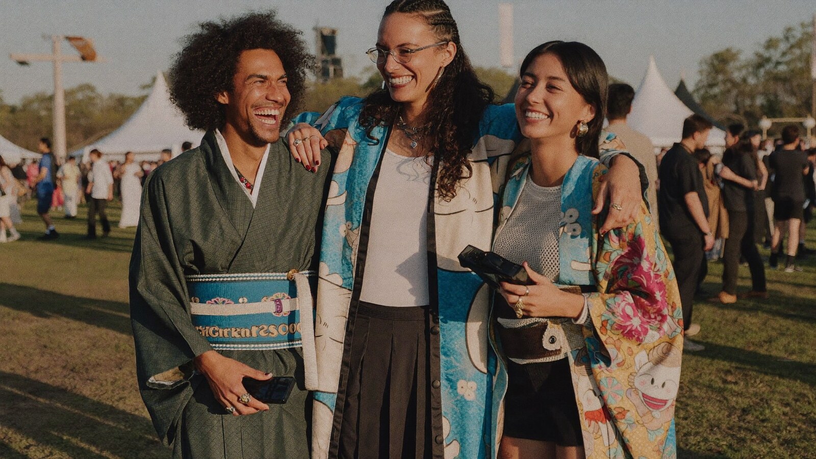 Anime-inspired anime kimonos in a social or layered scene with friends