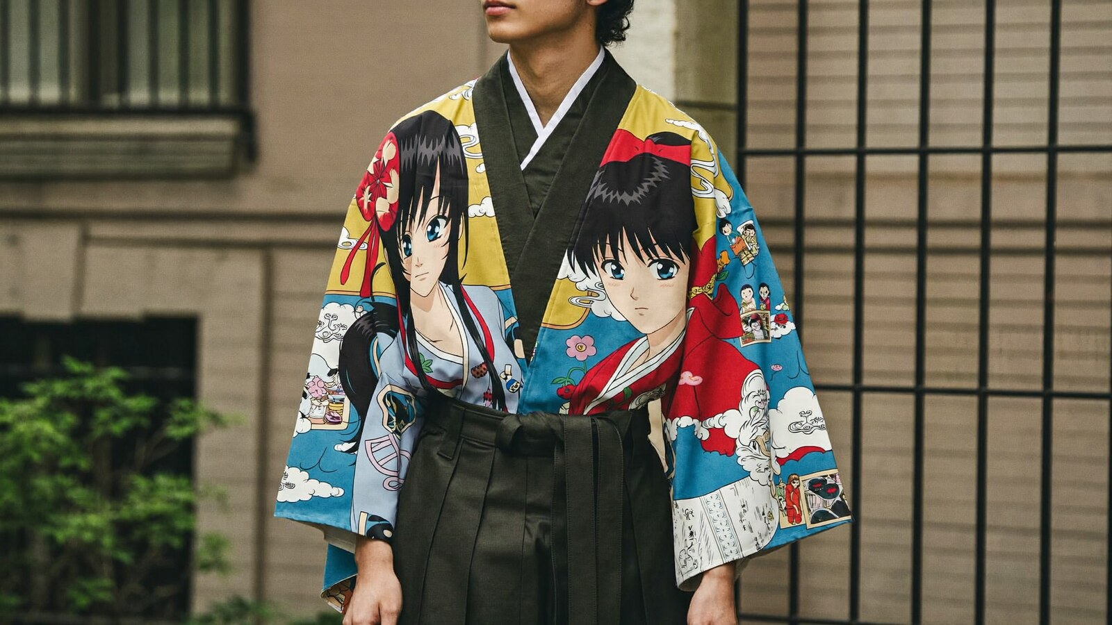 Person wearing an anime-inspired anime kimonos in an editorial scene