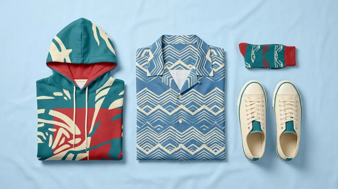 Konosuba merch apparel flat lay with hoodie, Hawaiian shirt, socks and sneakers
