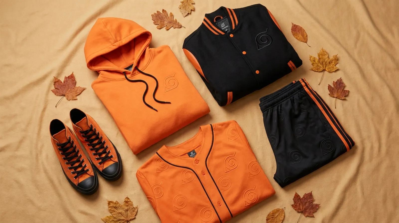 Flat-lay of Naruto Uzumaki merch with an orange hoodie, varsity jacket, gym shorts, baseball jersey, and high-top sneakers
