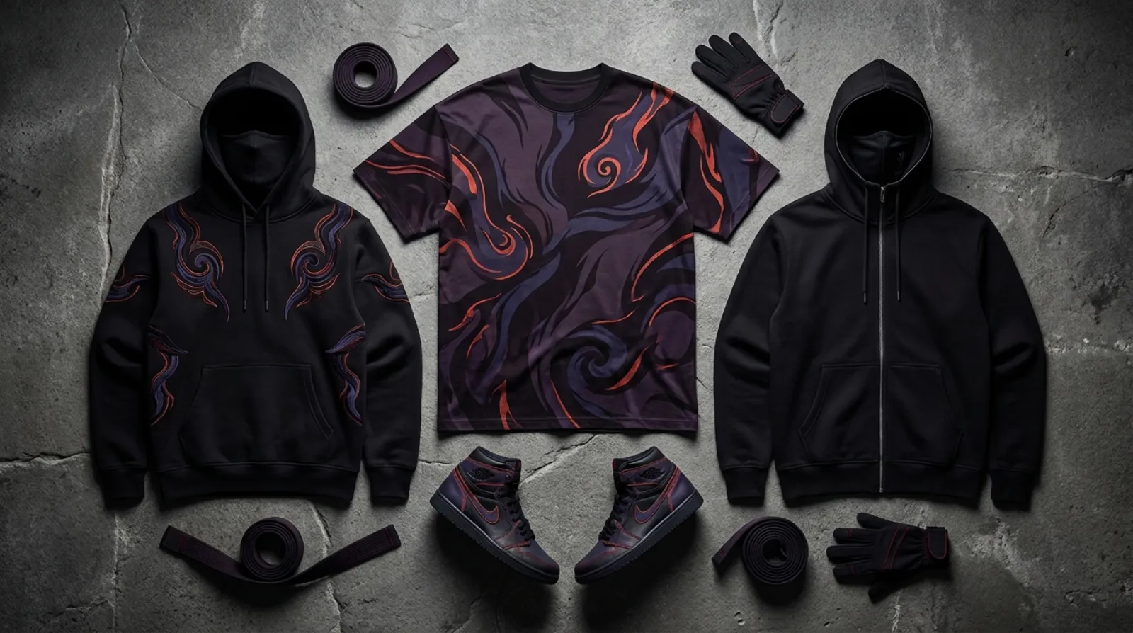 Obito Uchiha shirt flat lay with Sharingan tee and masked hoodies