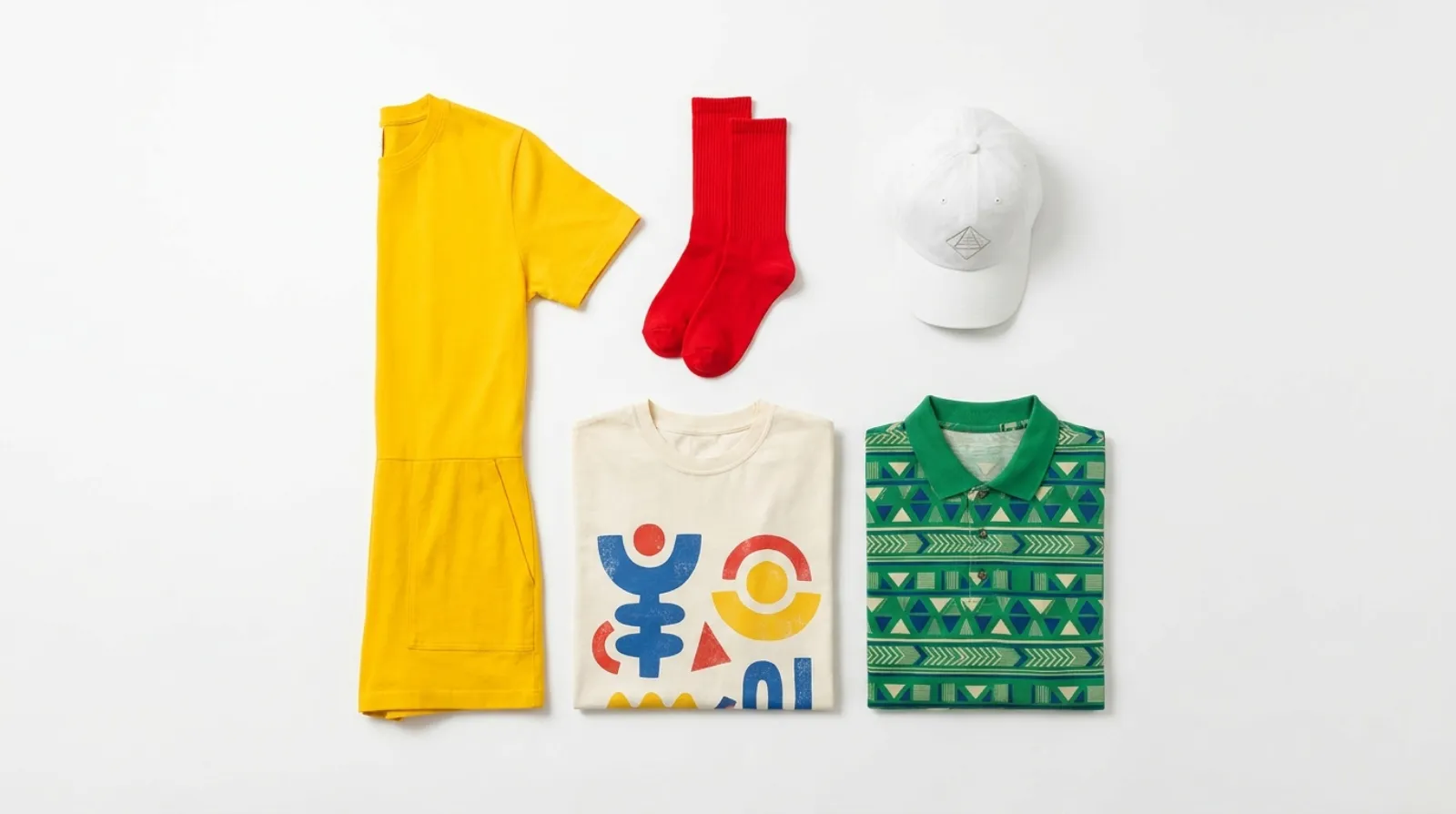 One Punch Man merch flat-lay with Saitama socks, embroidered cap, vintage tee and polo in bright pop-art colors
