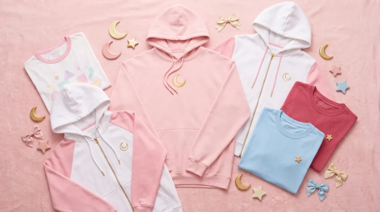 Flat-lay of Sailor Moon merch including vintage tees, a pink streetwear hoodie, and a zip hoodie jacket in pastel pink, white, gold, and red