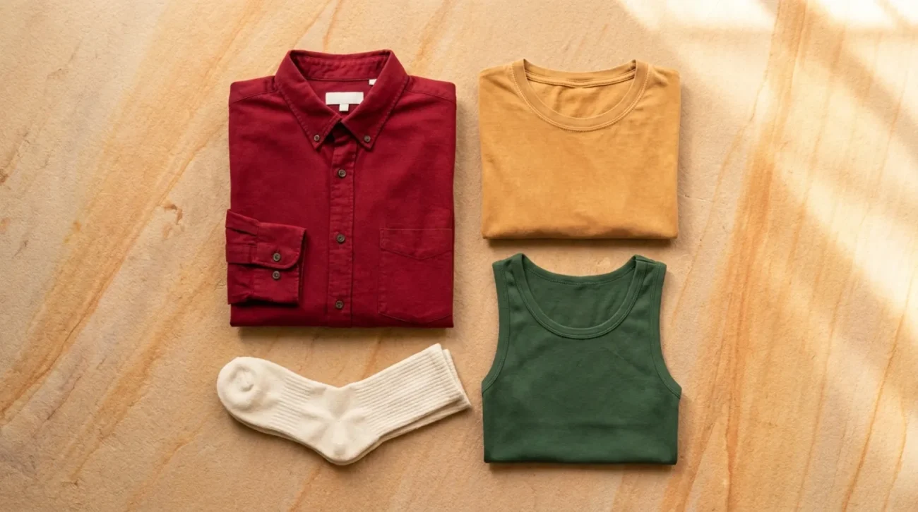 Flat-lay of warm amber and crimson blank apparel for a Seven Deadly Sins merch lineup