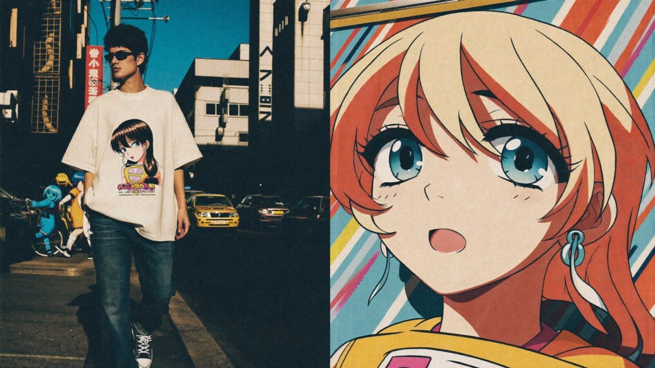 Person wearing an anime-inspired anime t-shirts in an editorial scene