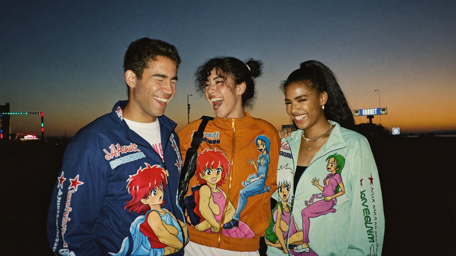 Anime-inspired anime windbreaker jackets in a social or layered scene with friends
