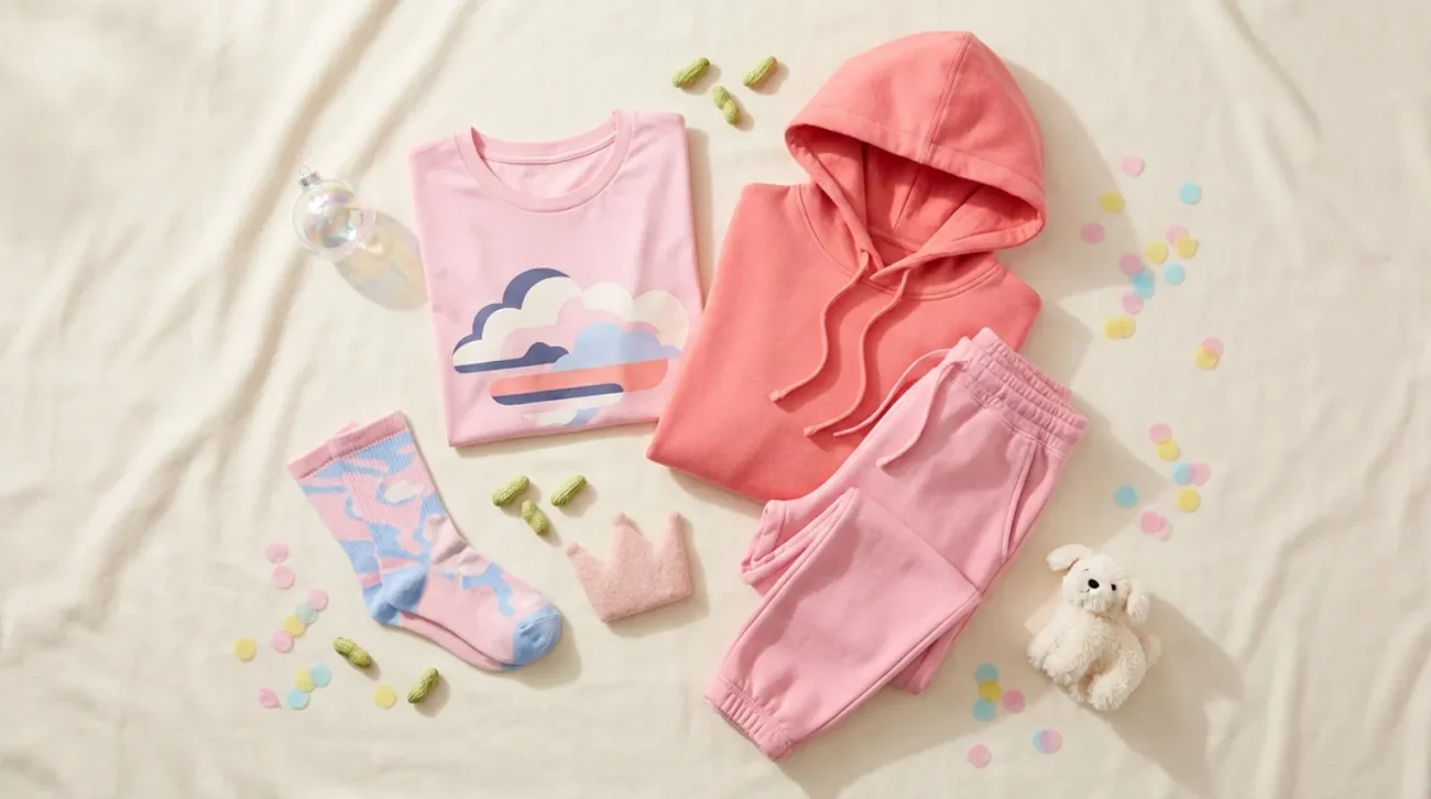 Flat-lay of Anya Forger merch with pink Spy x Family hoodie, tee, sweatpants, and socks