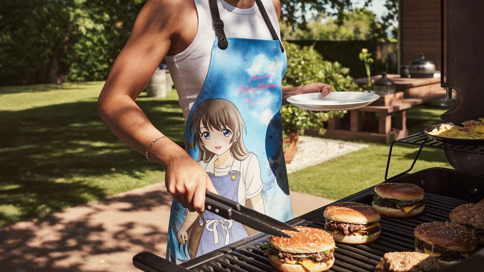 Anime-inspired aprons styled in a natural daylight scene
