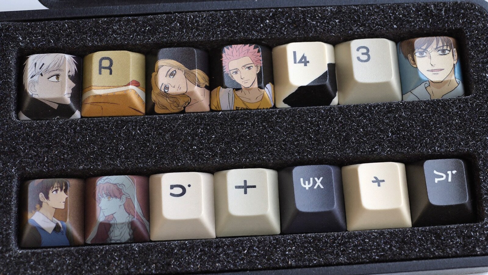 Anime-inspired artisan keycap in a social or layered scene with friends
