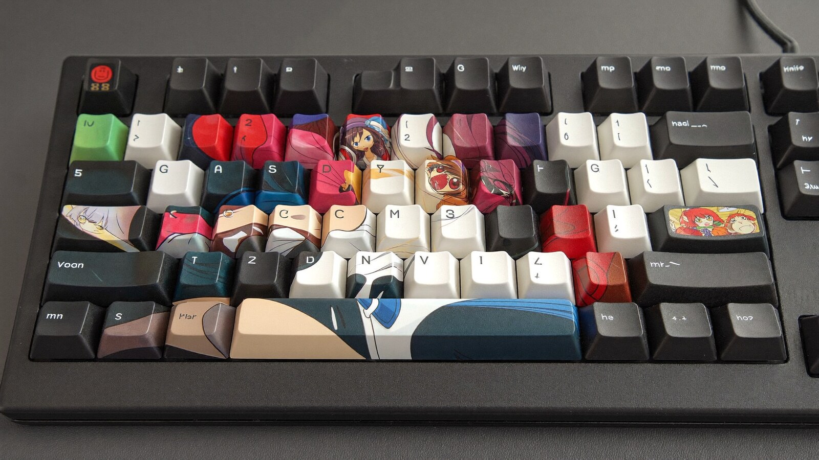 Person wearing an anime-inspired artisan keycap in an editorial scene
