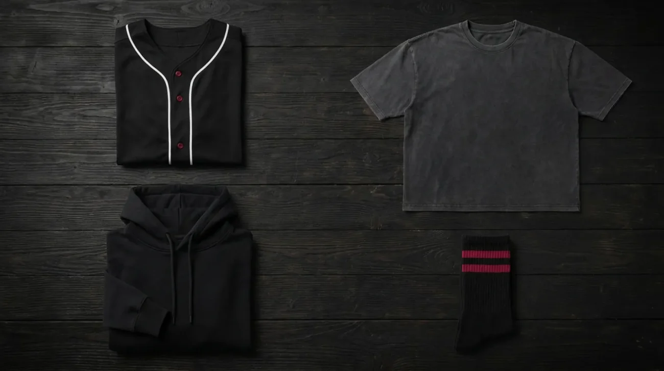 Flat-lay of bold black, white, and crimson blank apparel for an Asta merch lineup