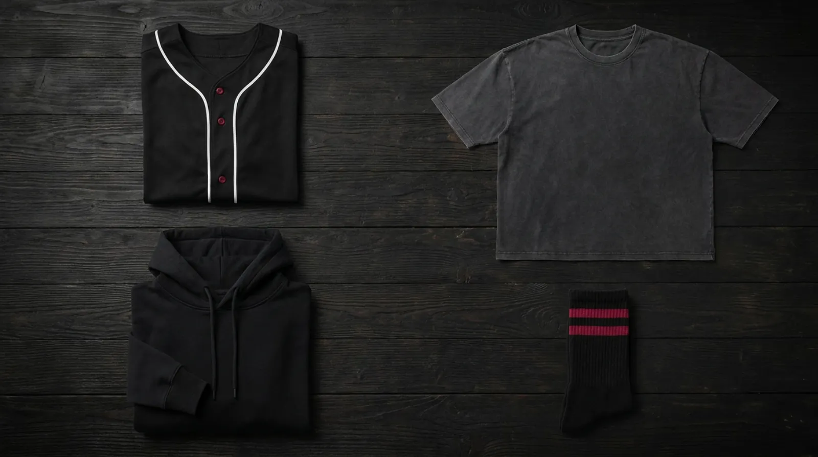Flat-lay of bold black, white, and crimson blank apparel for an Asta merch lineup