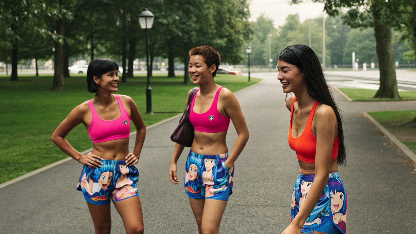 Anime-inspired athletic shorts in a social or layered scene with friends