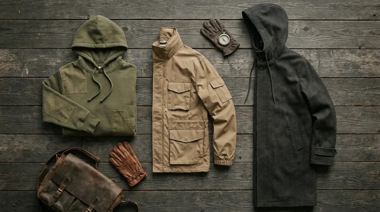 Flat-lay of Scouting Regiment style Attack on Titan merch including hoodie, windbreaker, and cloak coat