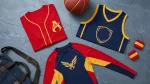 Avengers shirt and Marvel team jerseys apparel flat-lay in red gold navy