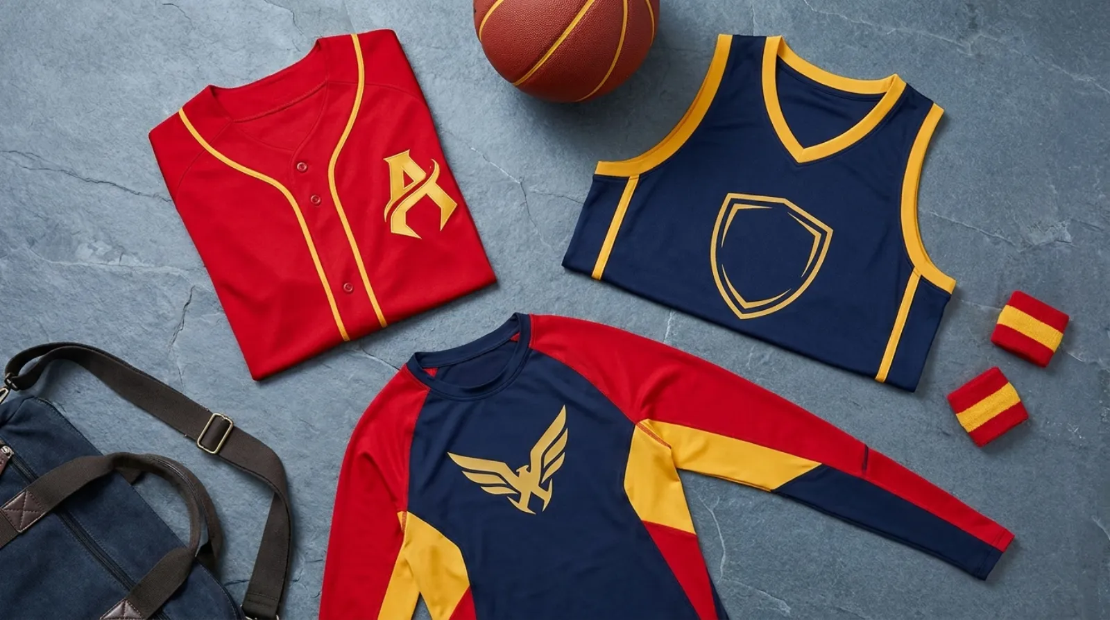Avengers shirt and Marvel team jerseys apparel flat-lay in red gold navy