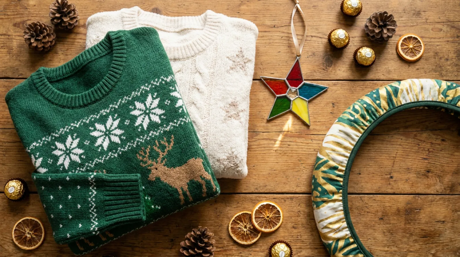 Baby Yoda merch flat lay with green ugly Christmas sweaters, a stained glass ornament, and a steering wheel cover
