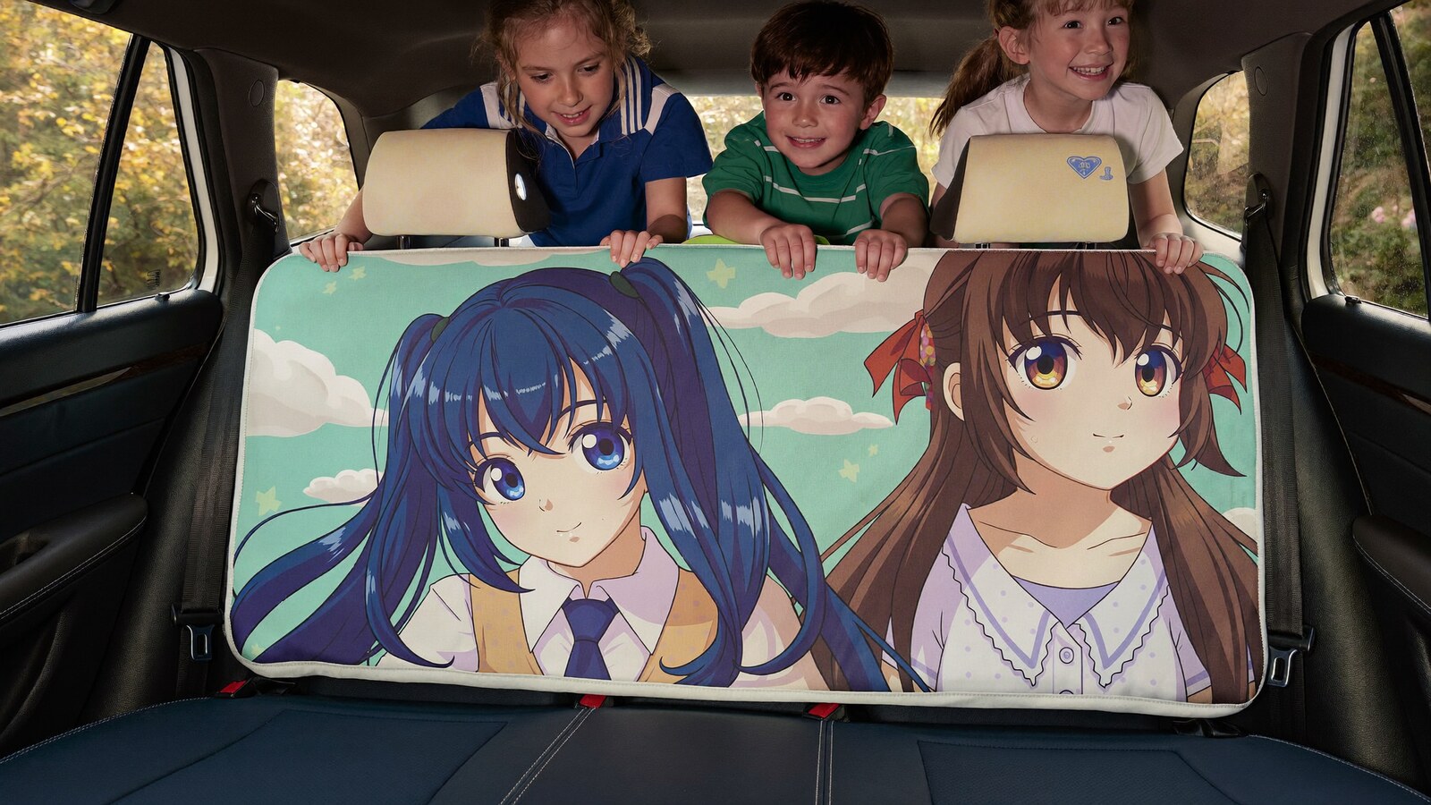 Anime-inspired back seat covers styled in a natural daylight scene