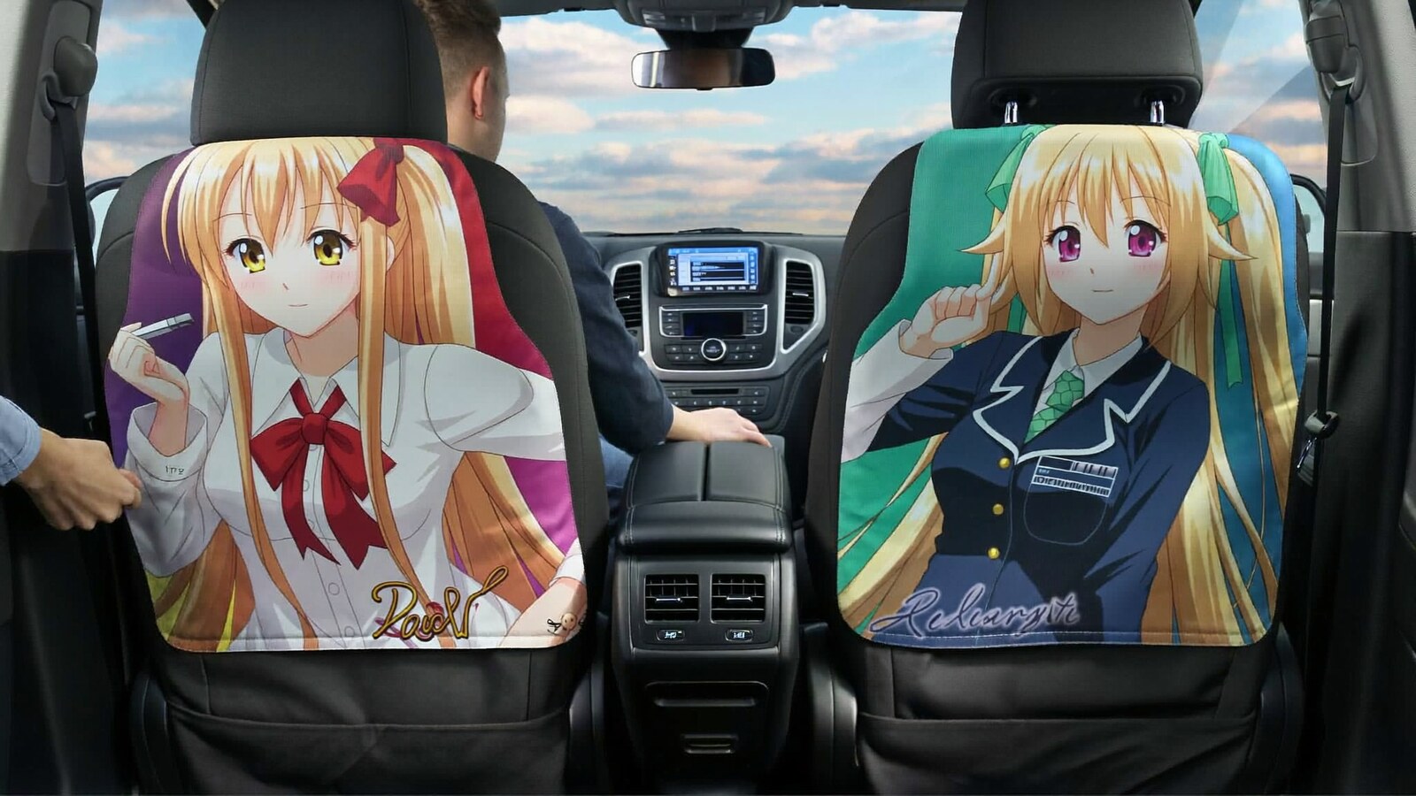 Anime-inspired back seat covers in a social or layered scene with friends