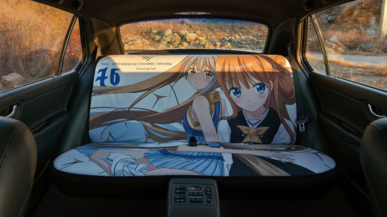 Anime-inspired back seat covers styled in a cinematic scene