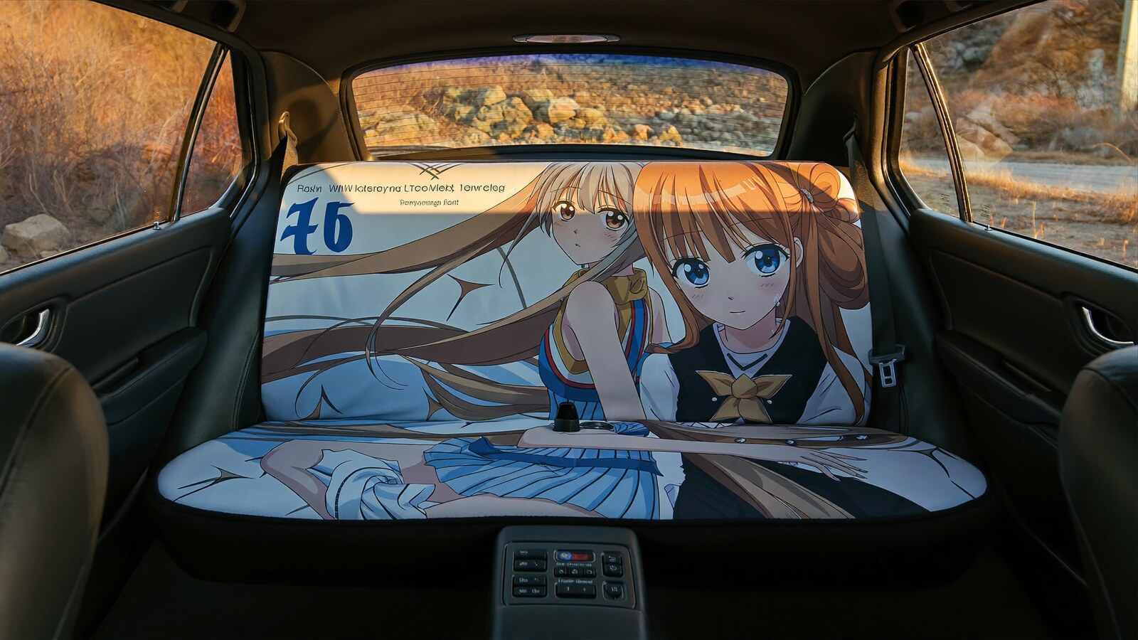 Anime-inspired back seat covers styled in a cinematic scene