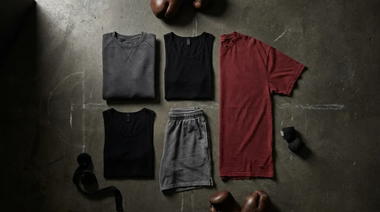 Baki the Grappler merch apparel flat lay, embroidered sweatshirt tank and gym shorts in black and oxblood