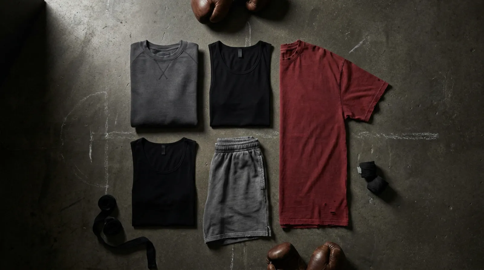 Baki the Grappler merch apparel flat lay, embroidered sweatshirt tank and gym shorts in black and oxblood