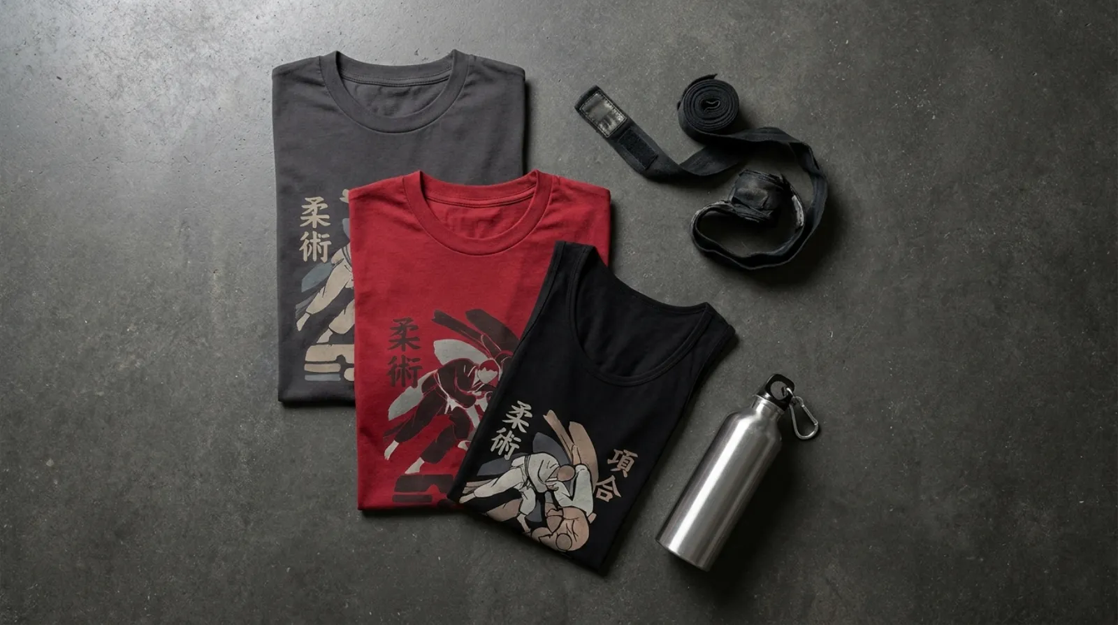 Baki Hanma shirt flat-lay with grappler-style graphic tees and tank top on a dark gym floor