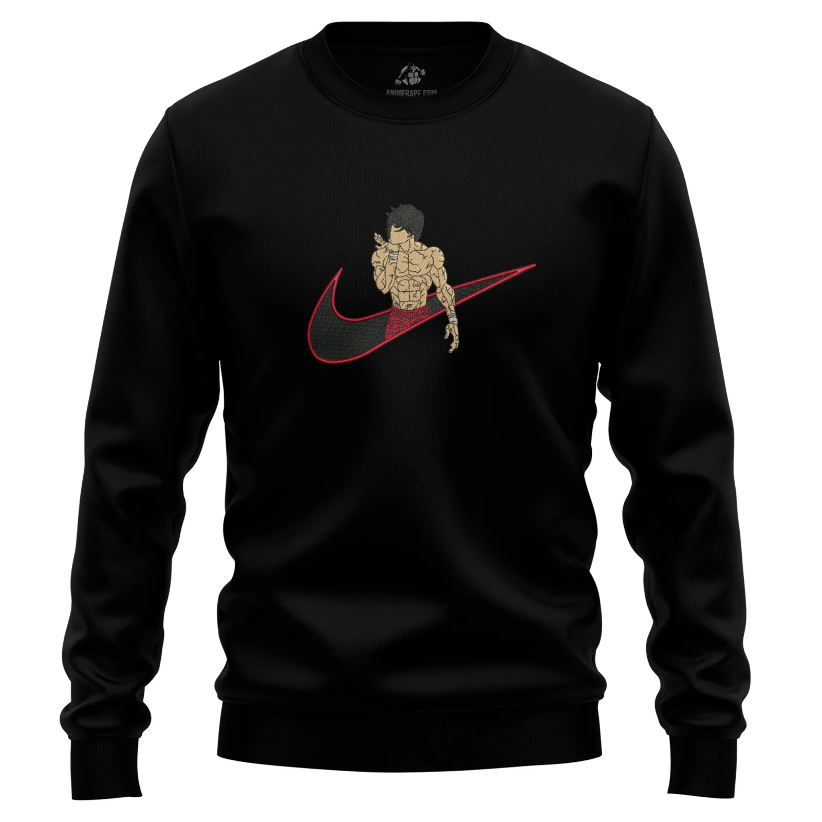 Baki Hanma check-style embroidered sweatshirt shown for the merch comparison