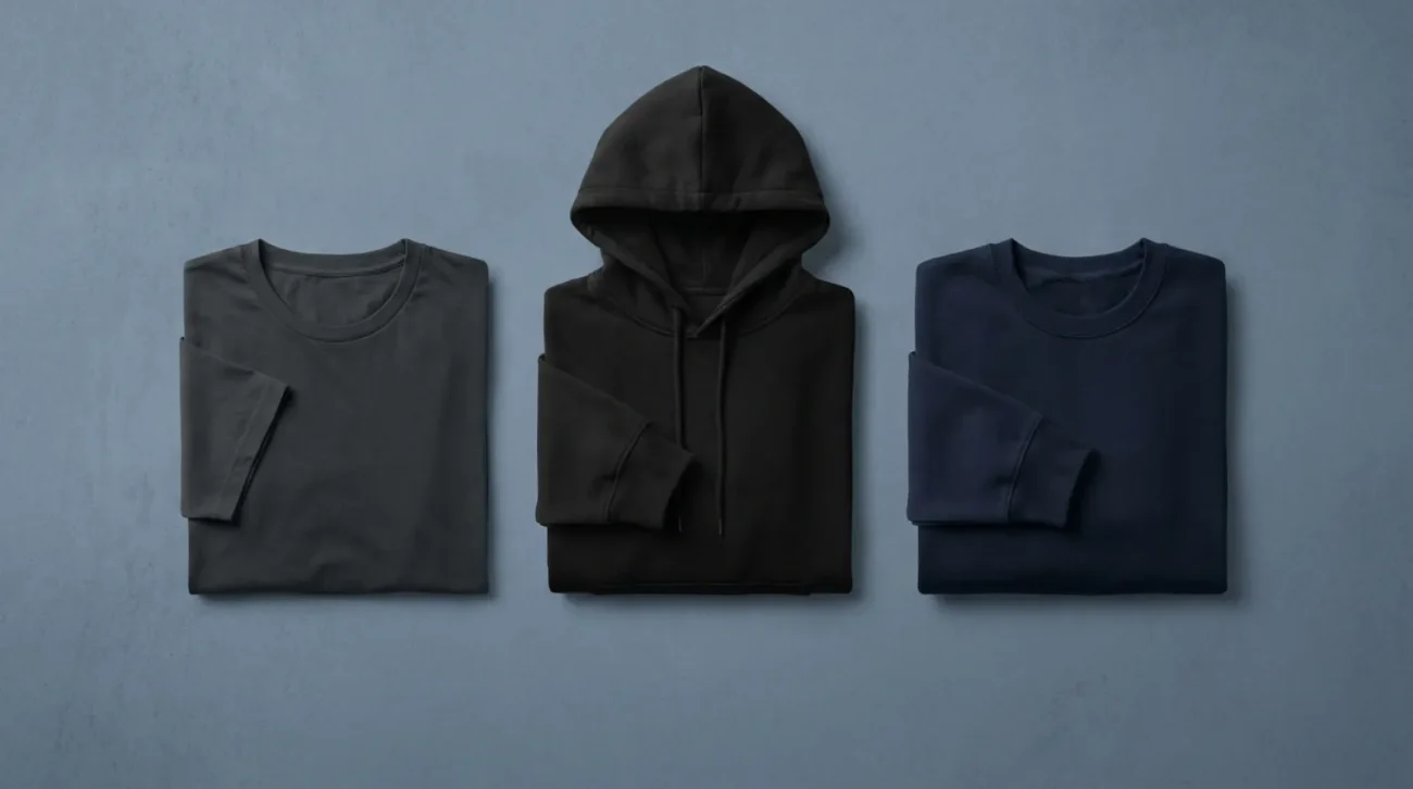 Flat-lay of dark charcoal and black blank apparel for a Batman shirt and Dark Knight gear lineup