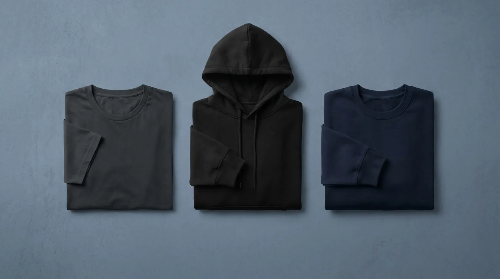 Flat-lay of dark charcoal and black blank apparel for a Batman shirt and Dark Knight gear lineup