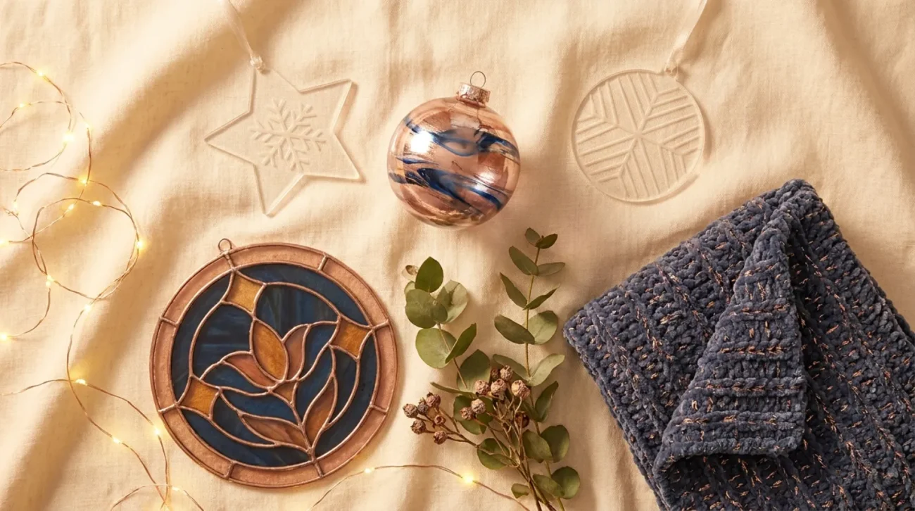 Beauty and the Beast merch flat lay of glass ornament and keepsakes in warm gold and rose tones