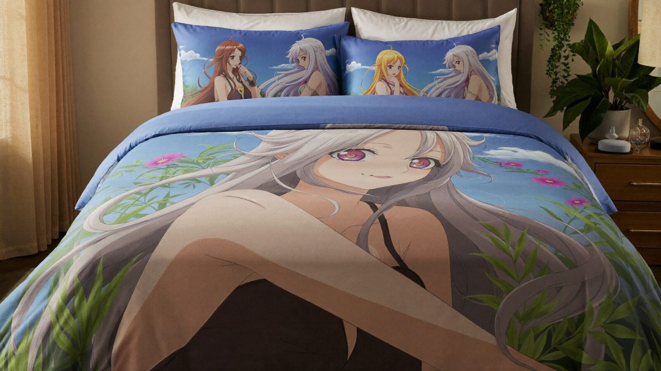 Anime-inspired bedding sets styled in a cinematic scene