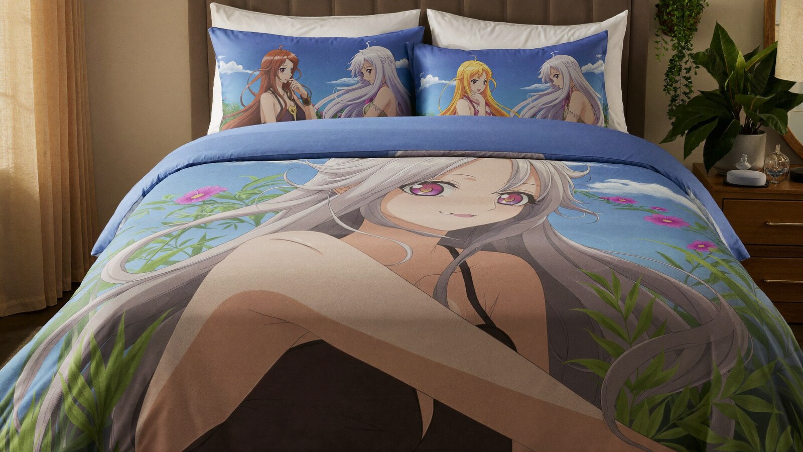 Anime-inspired bedding sets styled in a cinematic scene