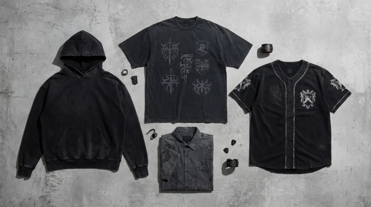 Flat-lay of Berserk shirt and apparel merch including a vintage hoodie, distressed tees and a baseball jersey in washed black and charcoal tones