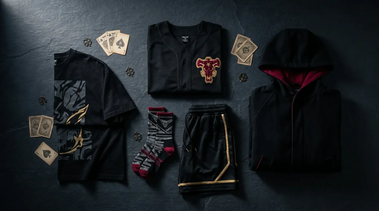 Flat-lay of Black Clover merch including a black baseball jersey, oversized tee, socks, gym shorts, and a hooded cloak coat in black and crimson