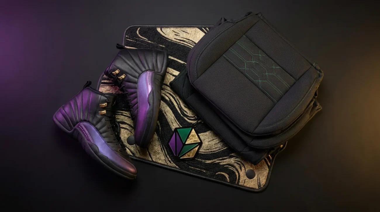 Black Panther shirt and Wakanda merch flat lay in sleek black, purple and gold palette