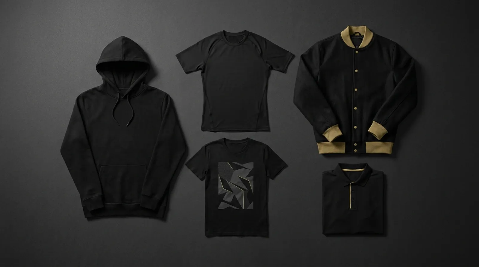 Black Ranger shirt flat lay with black hoodie, tees, and varsity jacket