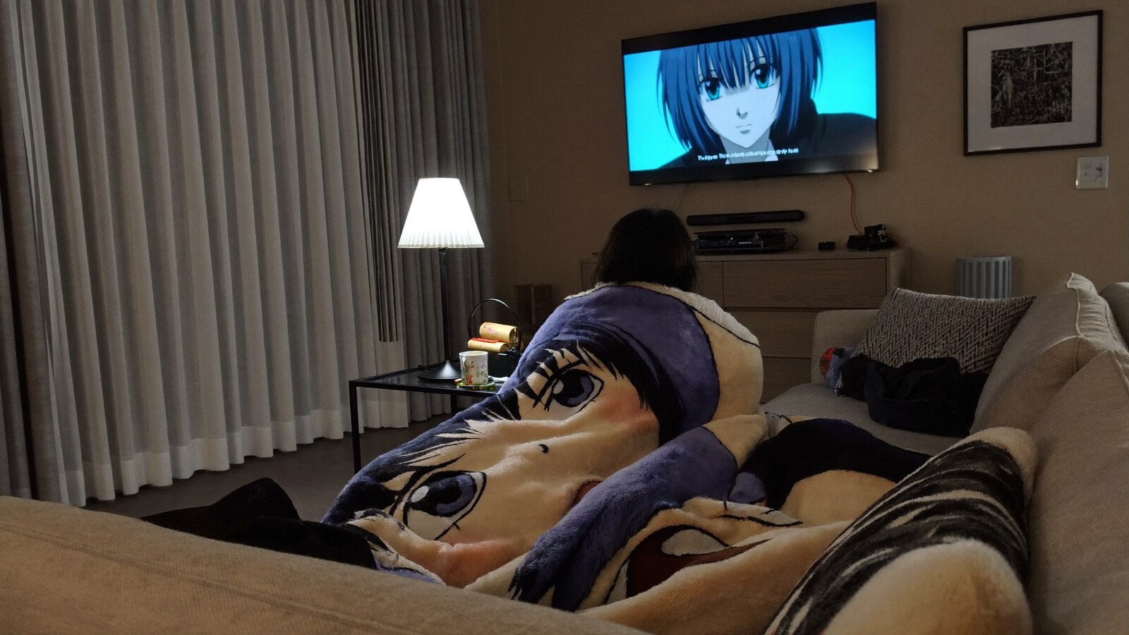 Anime-inspired blanket styled in a natural daylight scene