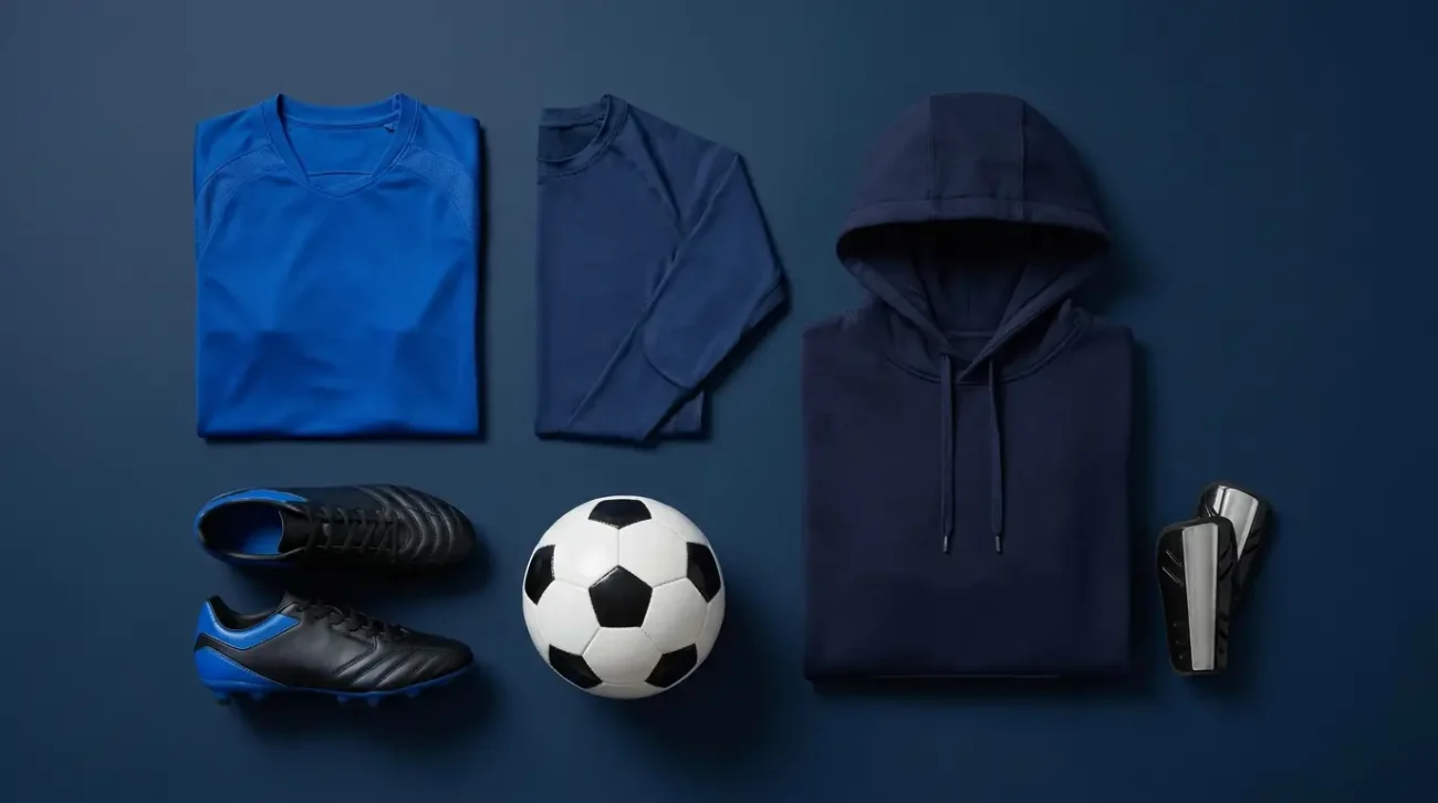 Blue Lock merch blue soccer apparel flat lay with jersey, compression top and hoodie