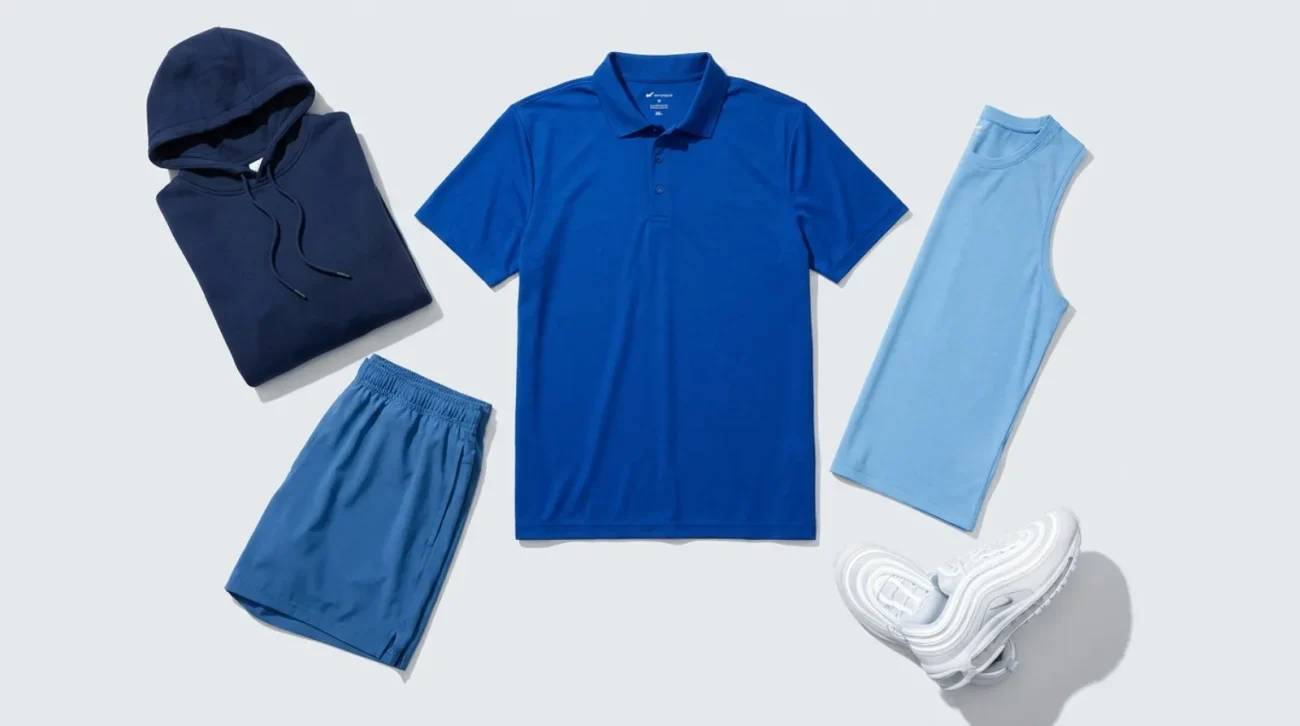 Blue Ranger shirt flat lay with polo, hoodie and gym shorts