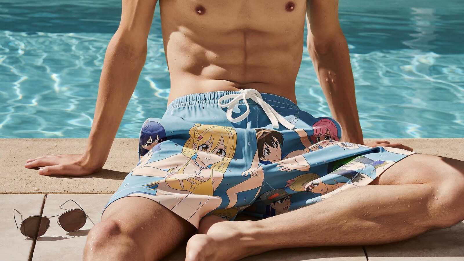 Anime-inspired board shorts swim trunks styled in a natural daylight scene