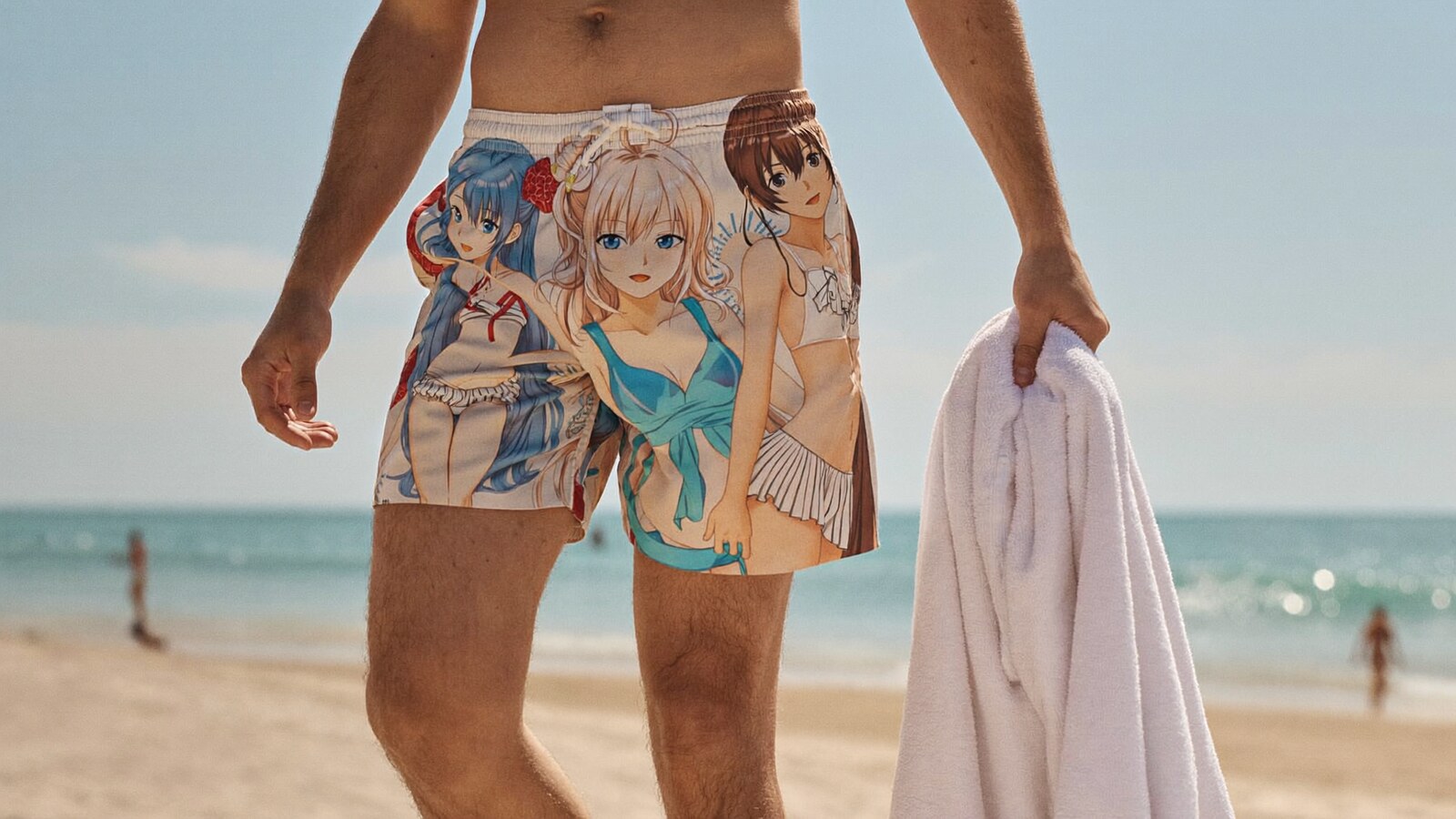 Person wearing an anime-inspired board shorts swim trunks in an editorial scene