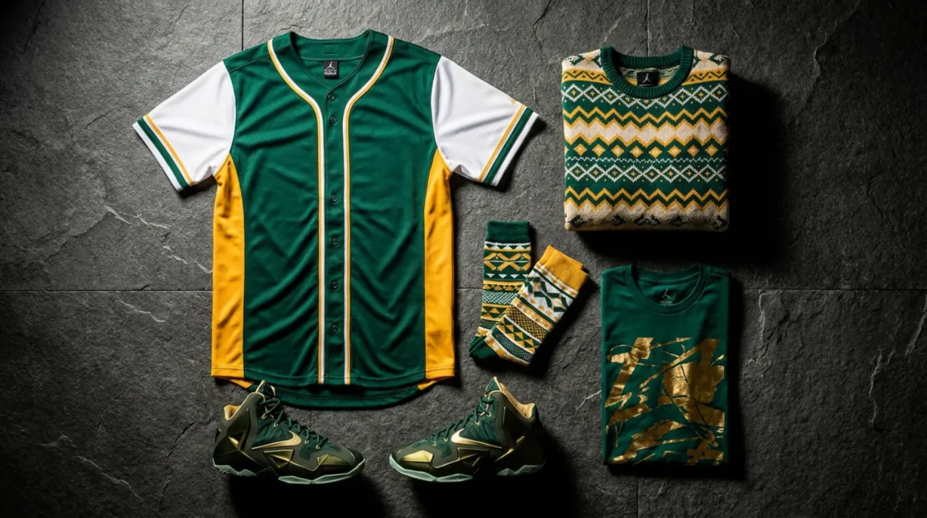 Bold green and gold Broly merch flat-lay including baseball jersey, basketball shoes, and socks